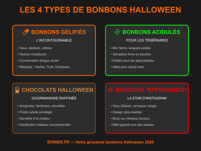 Infographie types de bonbons Halloween : gélifiés, acidulés, chocolats, effrayants